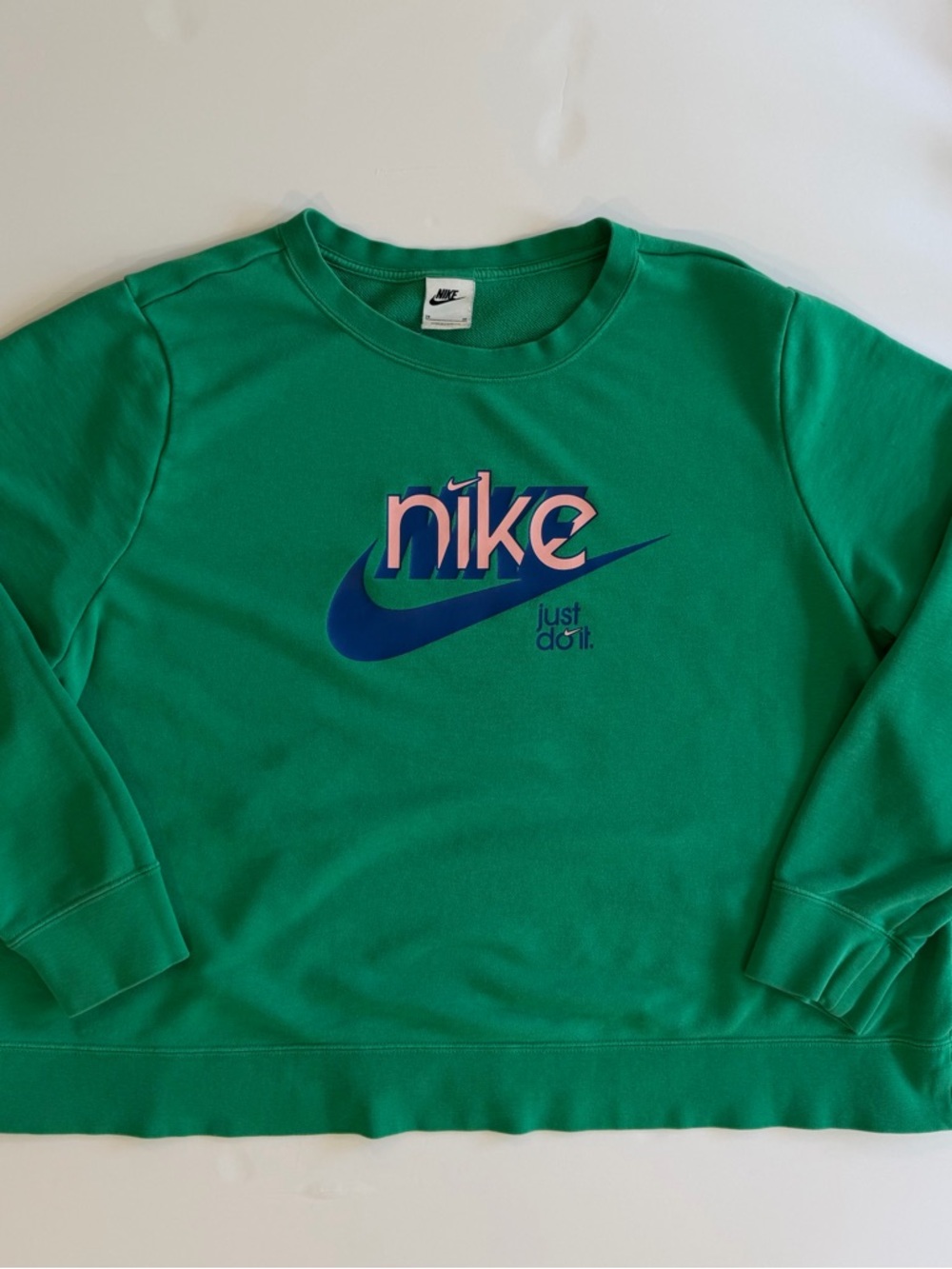Nike Green Sweatshirt with Blue Swoosh and Pink Logo